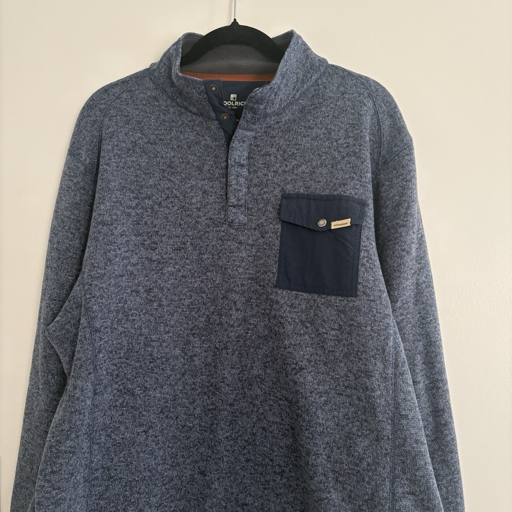 Woolrich Sweater‎ Mens XL Blue Fleece Quarter Snap Mock Neck Pullover Pocket